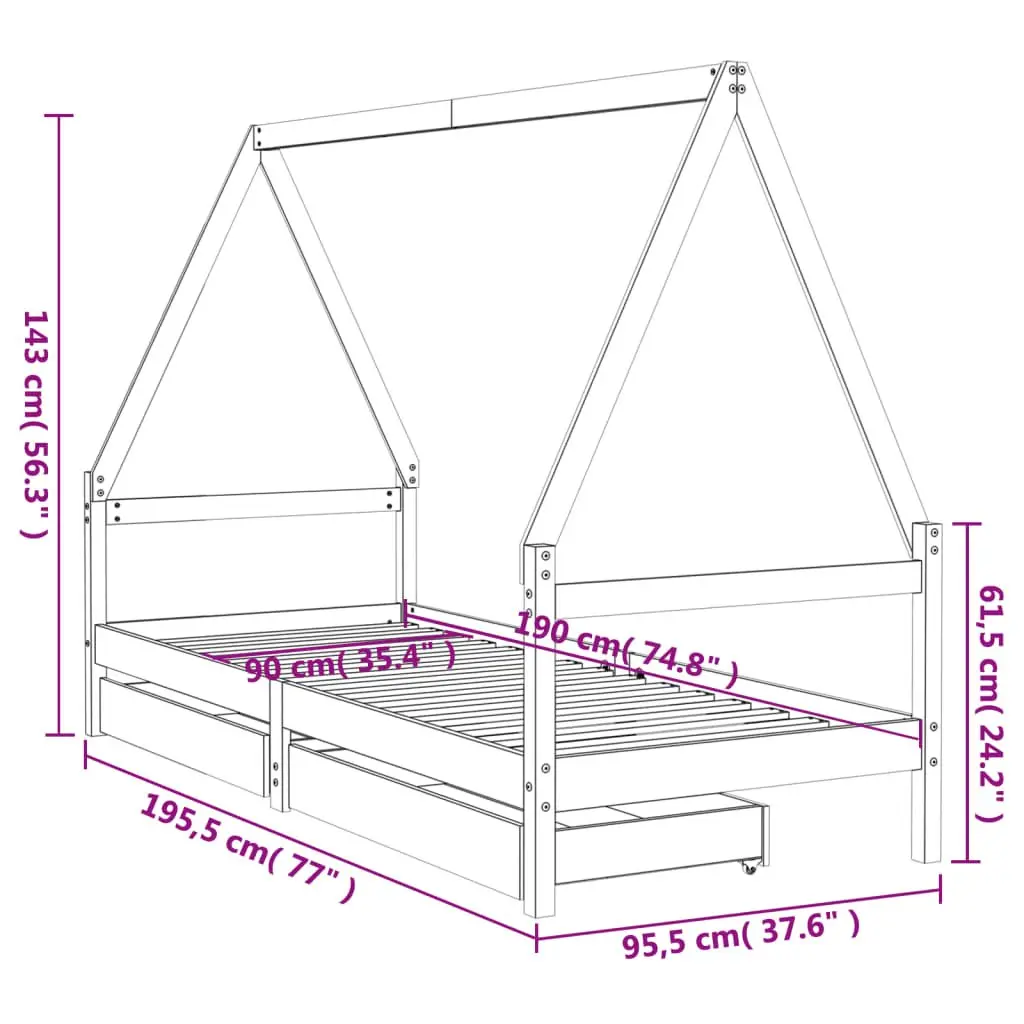 Kids Bed Frame with Storage Drawers House Design White Solid Wood Single Bed