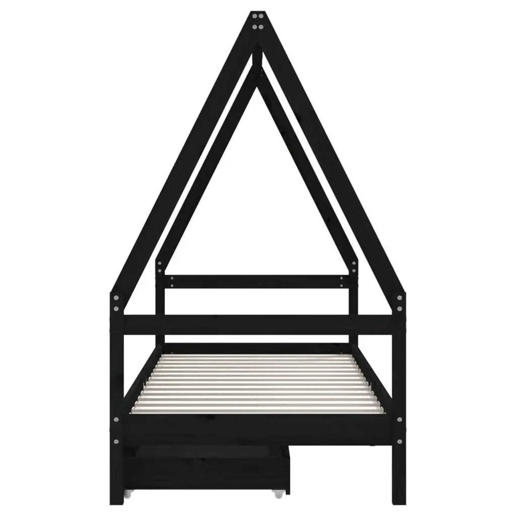 Kids Bed Frame with Storage Drawers House Design Solid Pine Wood 90x190cm Black