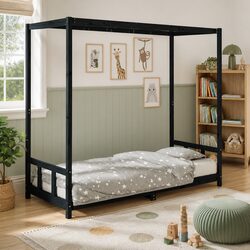Practical Black Toddler Bed Frame with Canopy 90x190 cm