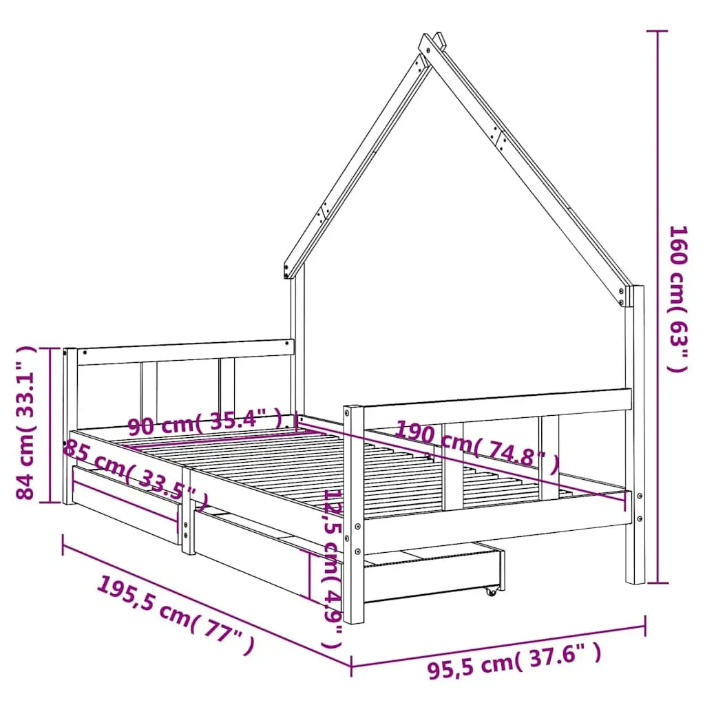 Kids Bed Frame Solid Pine Wood 90x190 cm Brown with Storage Drawers