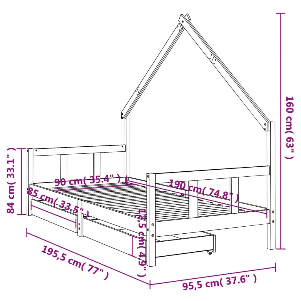 Kids Bed Frame with Storage Drawers 90x190 cm House Design Toddler Wooden Bed