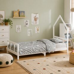 Kids Bed Frame White 92x187cm Single Solid Pine Wood House Bed Toddler Bedroom