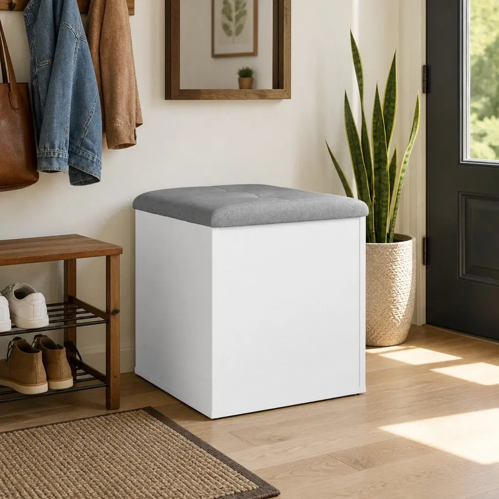 Storage Bench White 42x42x45 cm Padded Seat Hallway Entryway Shoe Organizer