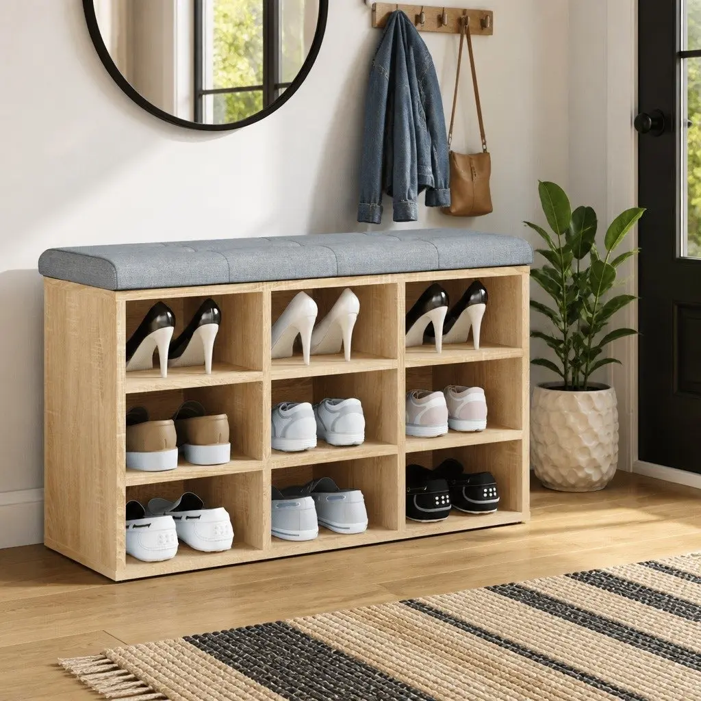 Shoe Storage Bench Padded Seat Engineered Wood Brown 82cm x 32cm x 50cm
