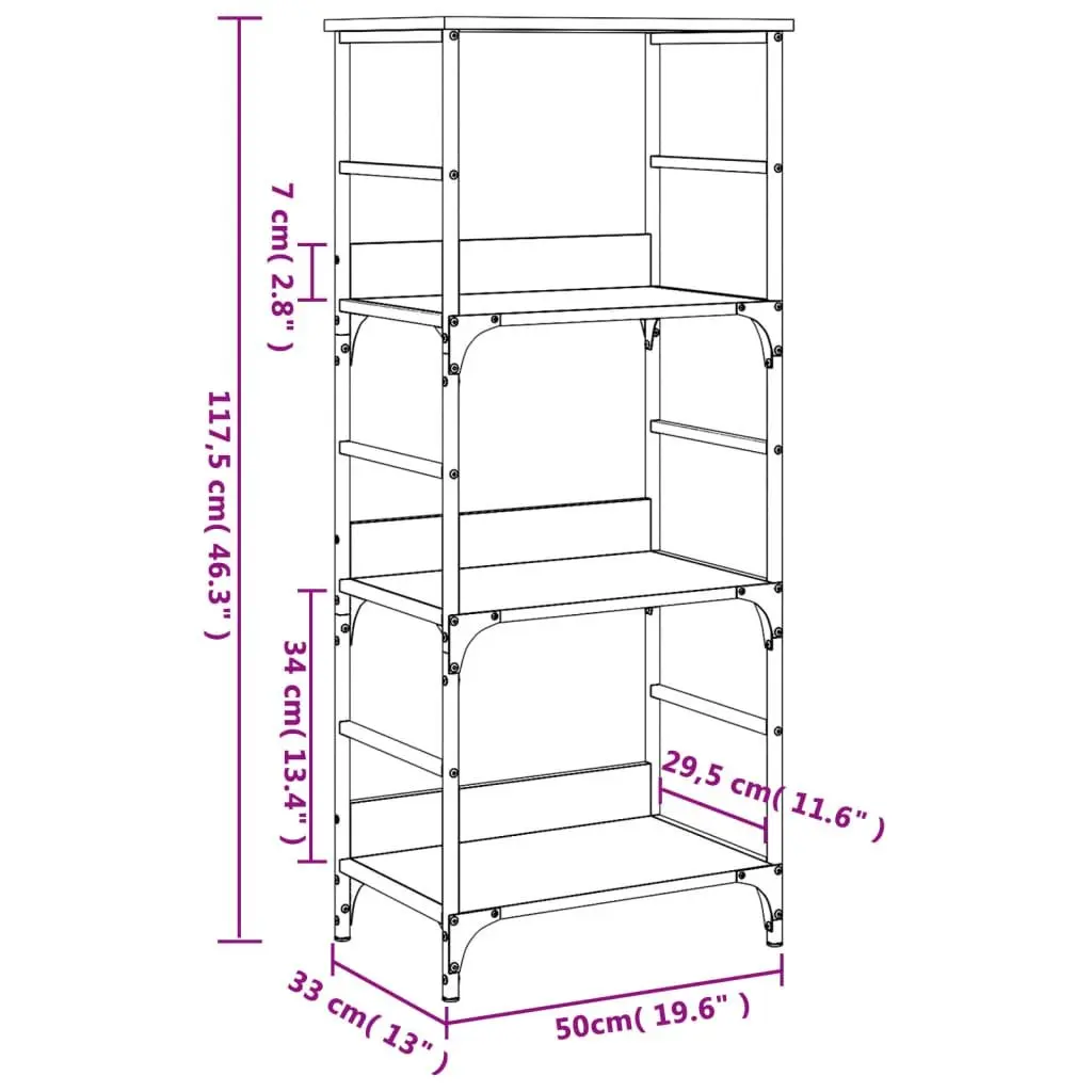 Bookshelf 3 Tier Storage Shelf Engineered Wood Steel Frame Sonoma Oak 50x33x117.5cm Industrial Style Bookcase