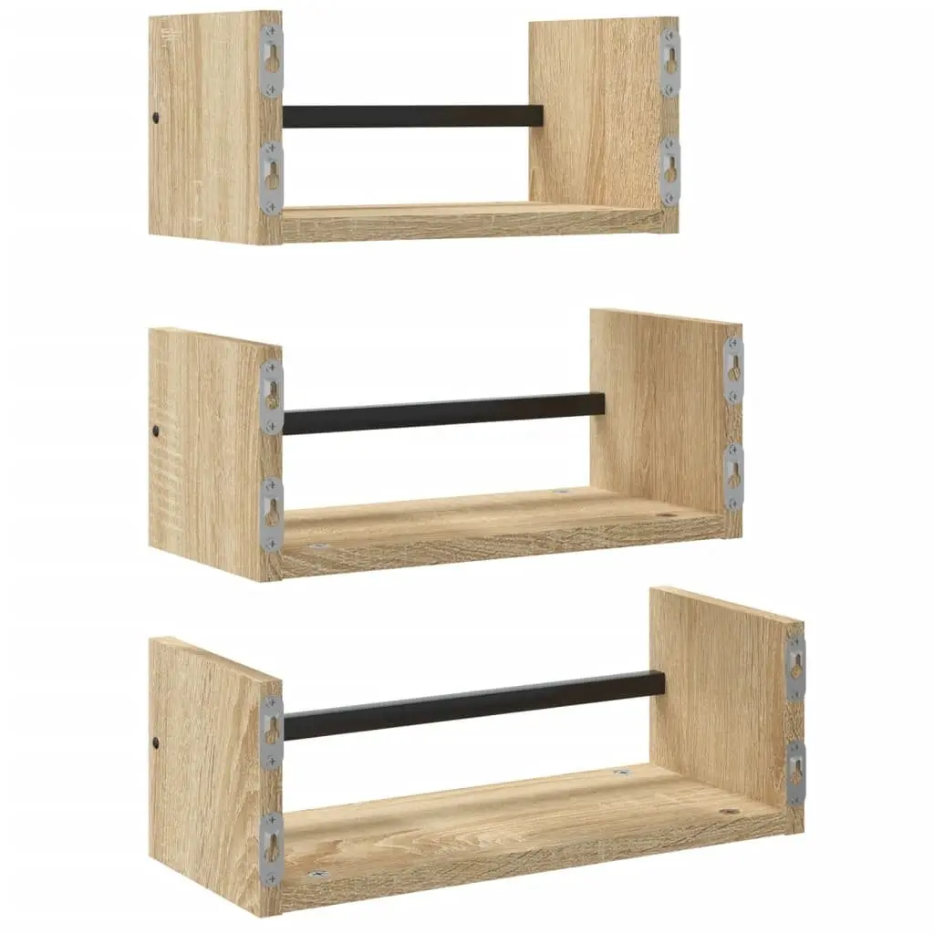 Wall Shelf Set Engineered Wood 3 Piece Brown Floating Shelves with Steel Bars
