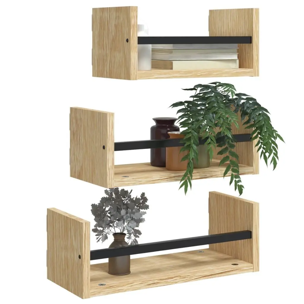 Wall Shelf Set Engineered Wood 3 Piece Brown Floating Shelves with Steel Bars