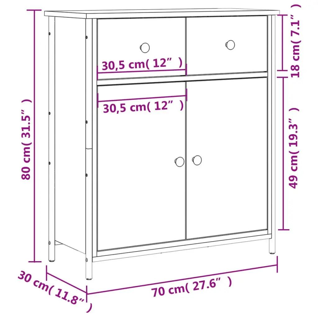 Brown Engineered Wood Sideboard Cabinet Storage 70cm x 30cm x 80cm