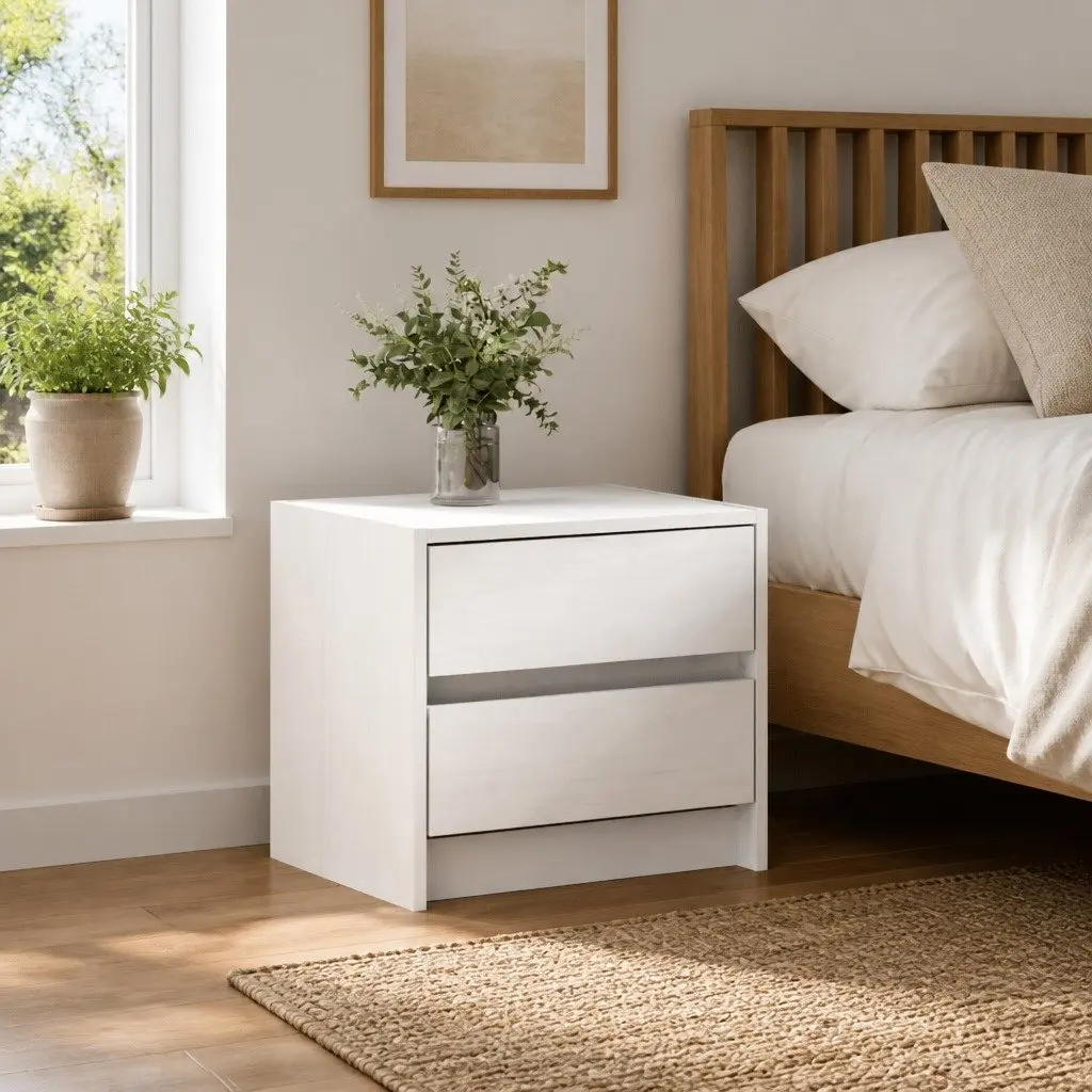 White Solid Pine Wood 2 Drawer Bedside Cabinet Nightstand