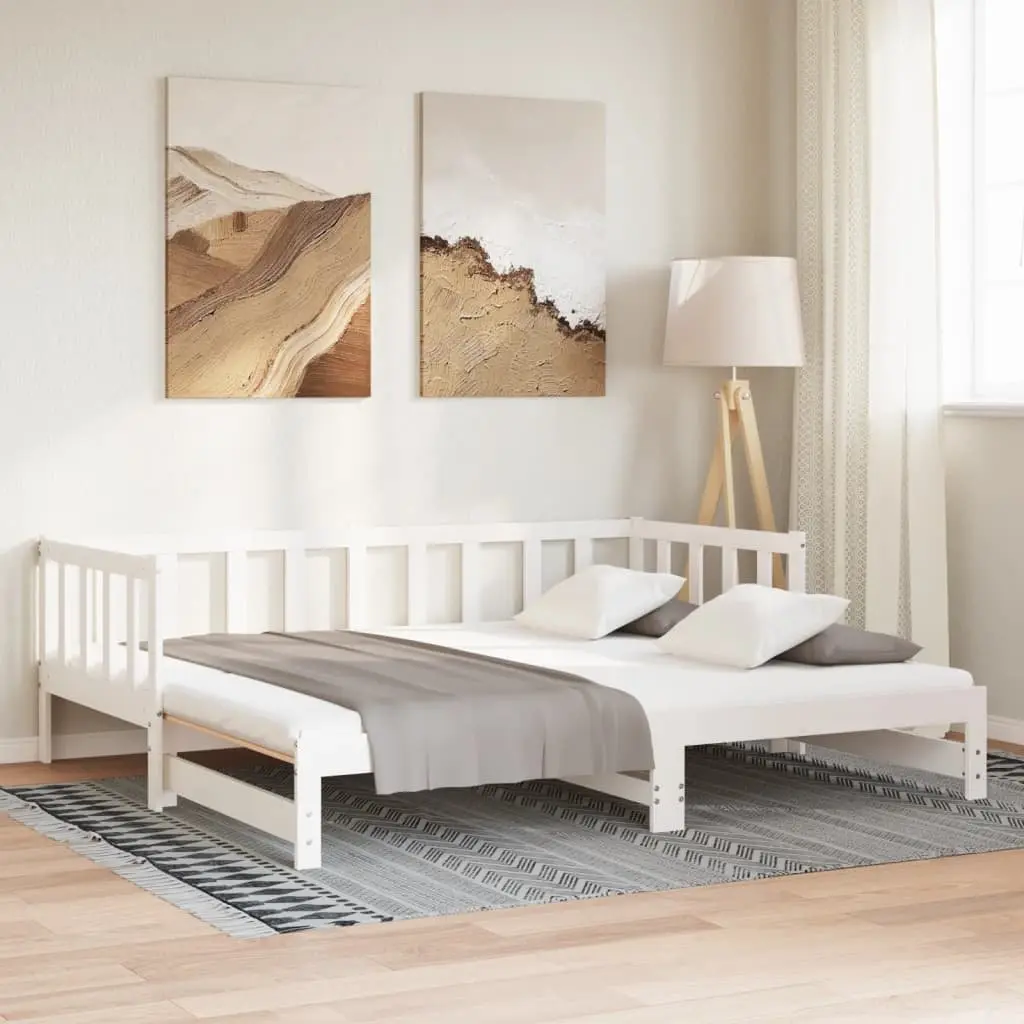 Day Bed Solid Pine Wood Slatted Base 90x190 cm White Pull-Out Trundle