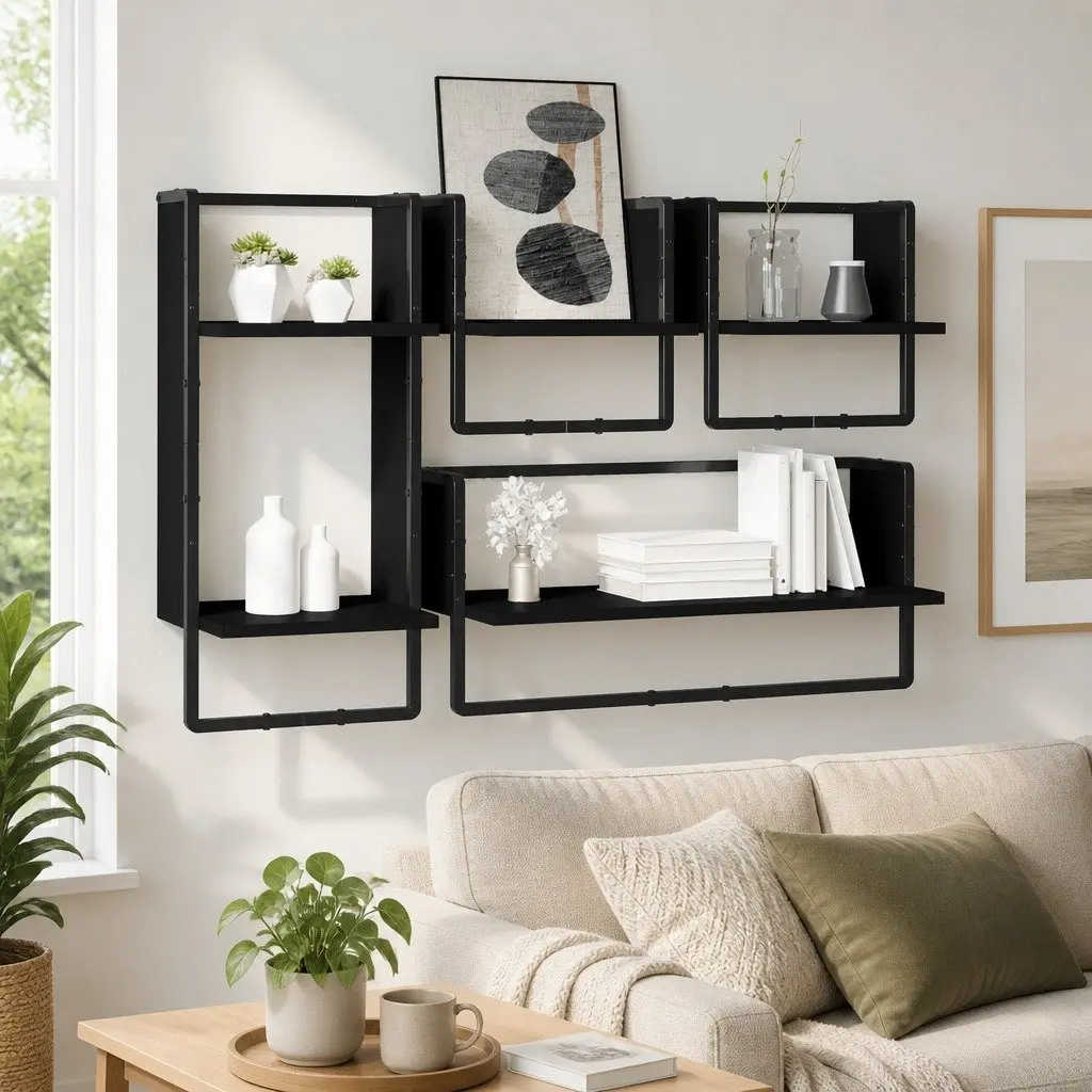 Wall Shelf Set Engineered Wood 4 Piece Floating Black Storage