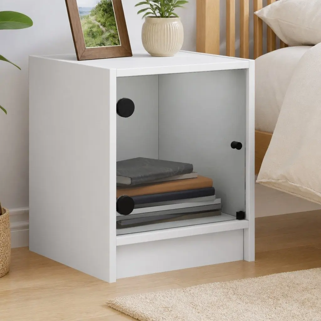Bedside Cabinet Engineered Wood White Glass Door Storage Nightstand 35W x 37D x 42H cm