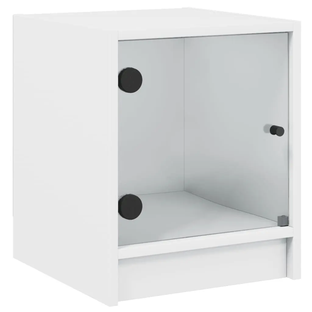 Bedside Cabinet Engineered Wood White Glass Door Storage Nightstand 35W x 37D x 42H cm