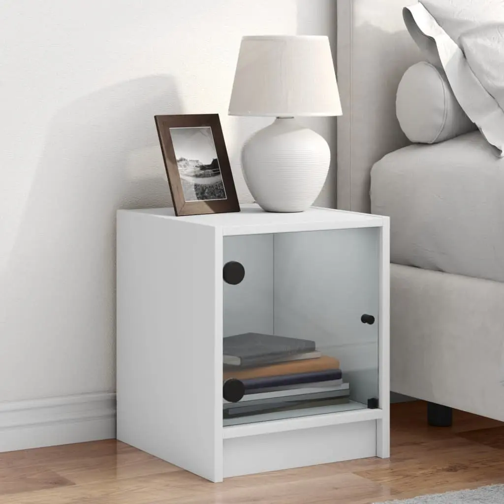 Bedside Cabinet Engineered Wood White Glass Door Storage Nightstand 35W x 37D x 42H cm