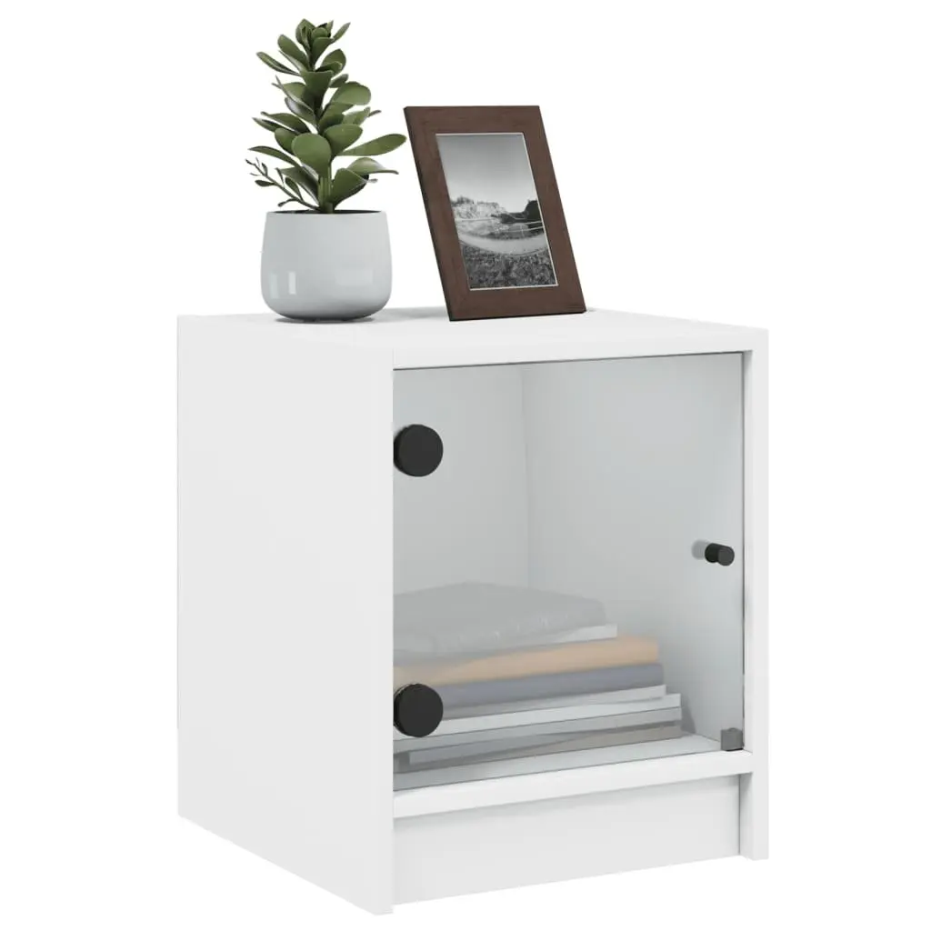 Bedside Cabinet Engineered Wood White Glass Door Storage Nightstand 35W x 37D x 42H cm