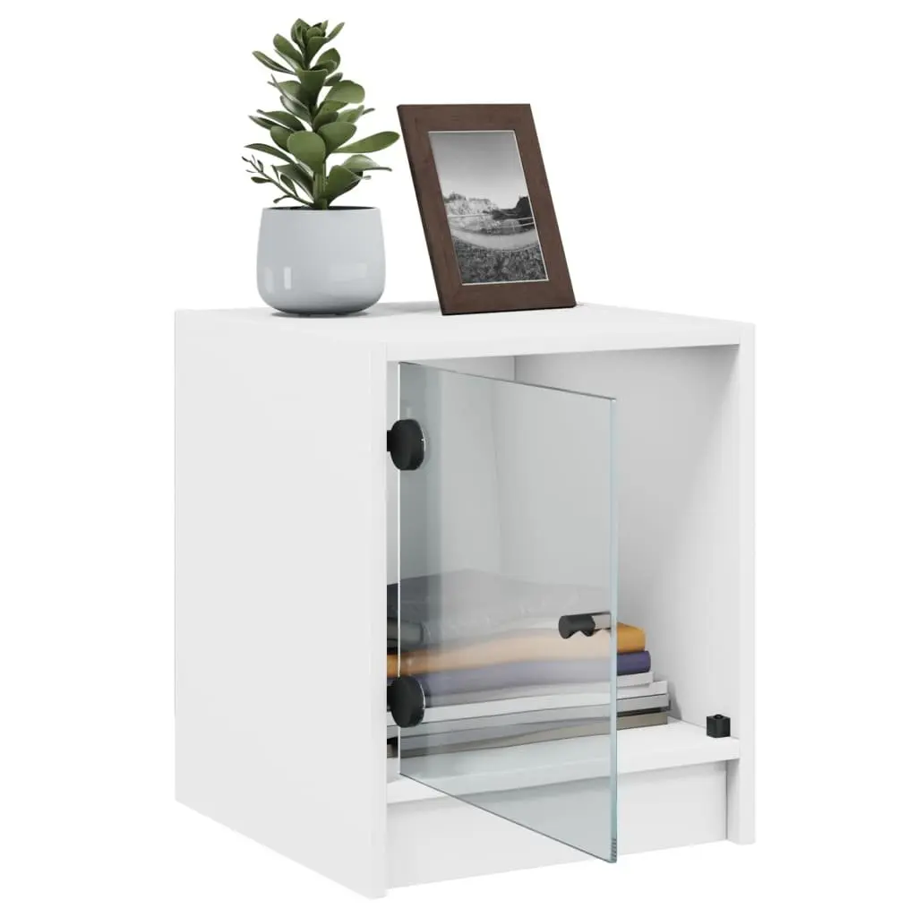 Bedside Cabinet Engineered Wood White Glass Door Storage Nightstand 35W x 37D x 42H cm