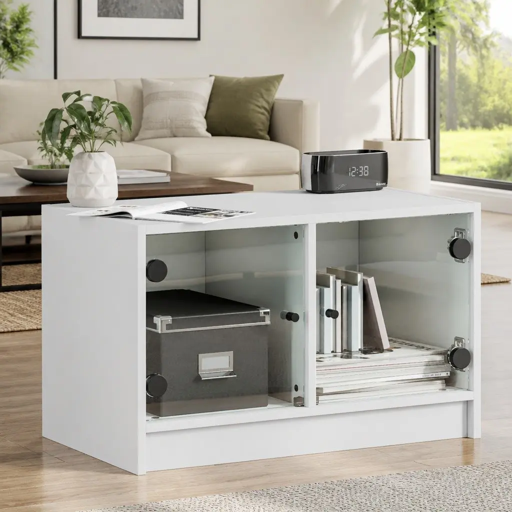 TV Cabinet Engineered Wood White Storage Unit with Glass Doors 68 x 37 x 42 cm