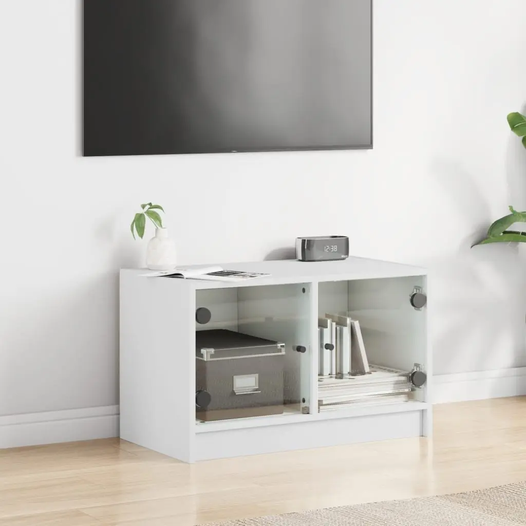 TV Cabinet Engineered Wood White Storage Unit with Glass Doors 68 x 37 x 42 cm