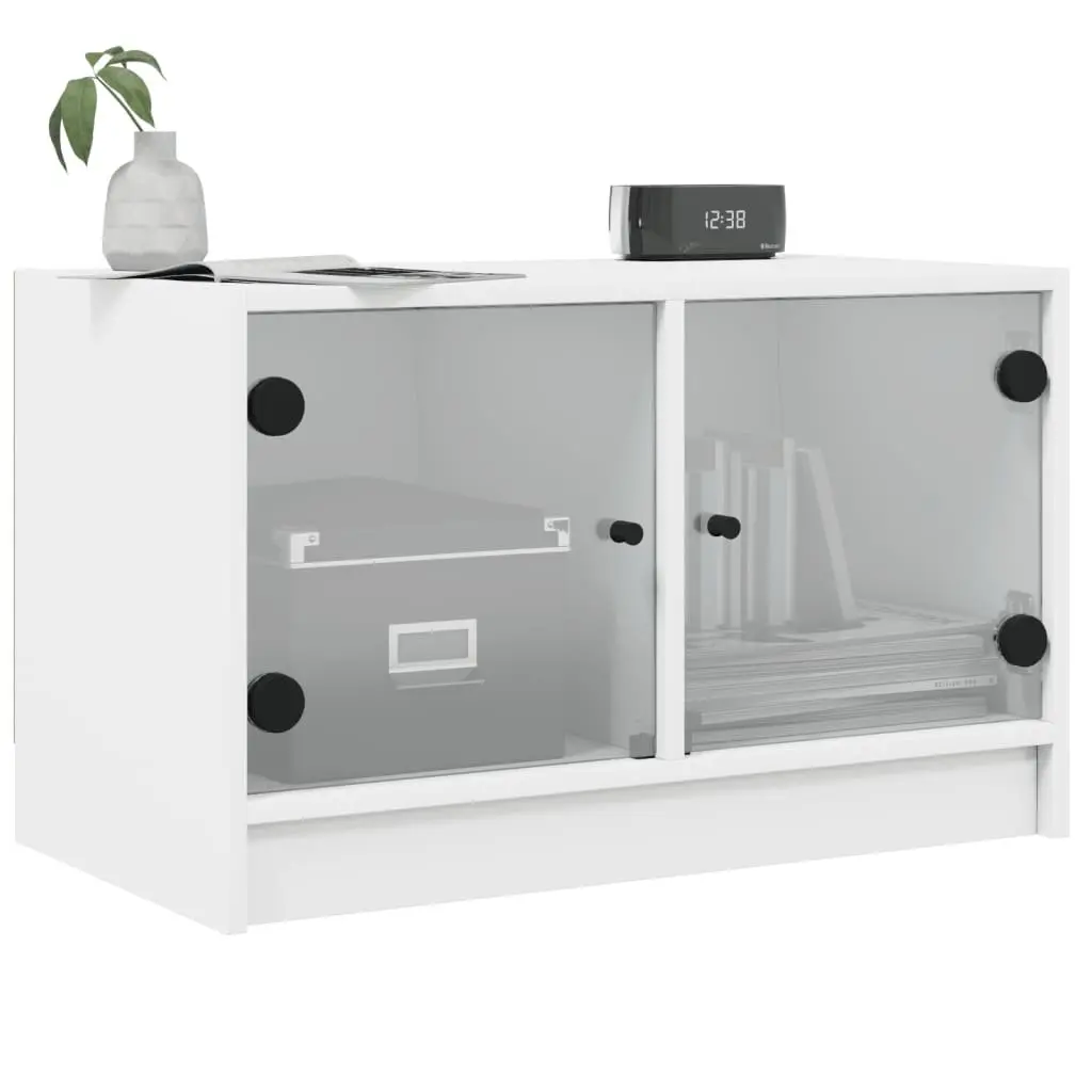 TV Cabinet Engineered Wood White Storage Unit with Glass Doors 68 x 37 x 42 cm