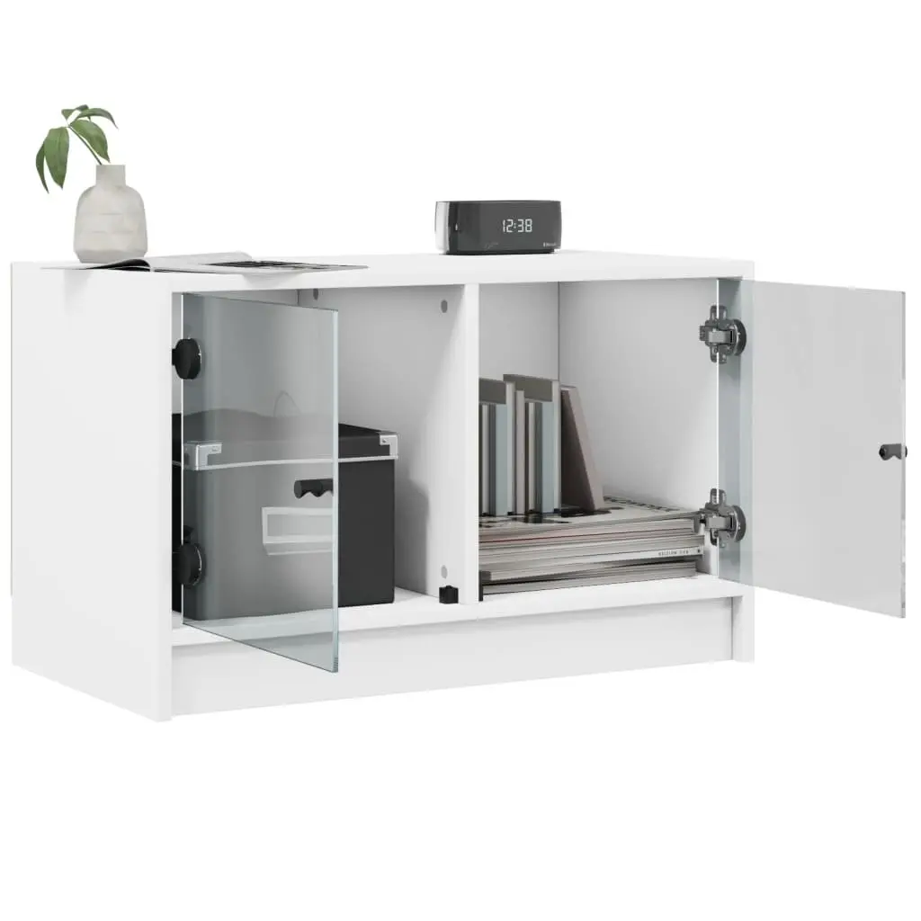 TV Cabinet Engineered Wood White Storage Unit with Glass Doors 68 x 37 x 42 cm