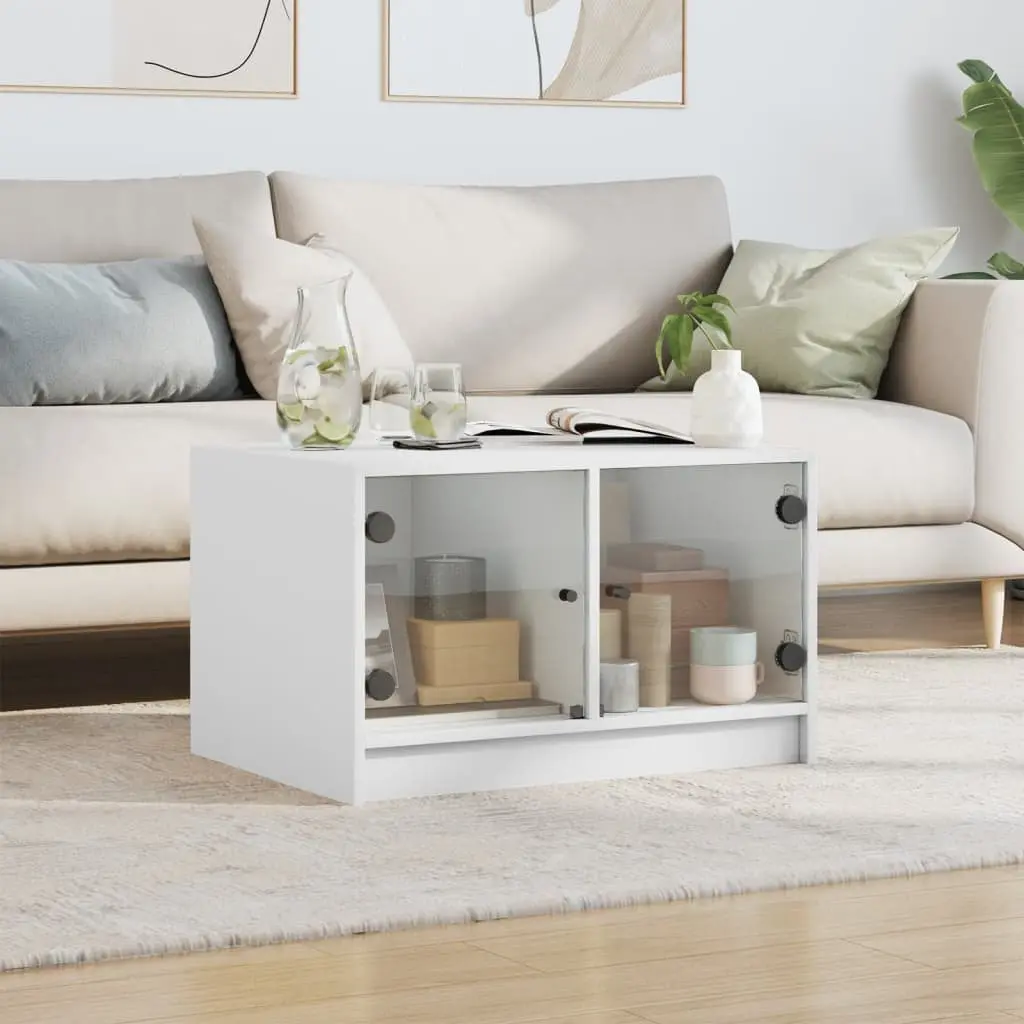 White Coffee Table with Glass Doors Storage Living Room Furniture 68x50x42cm