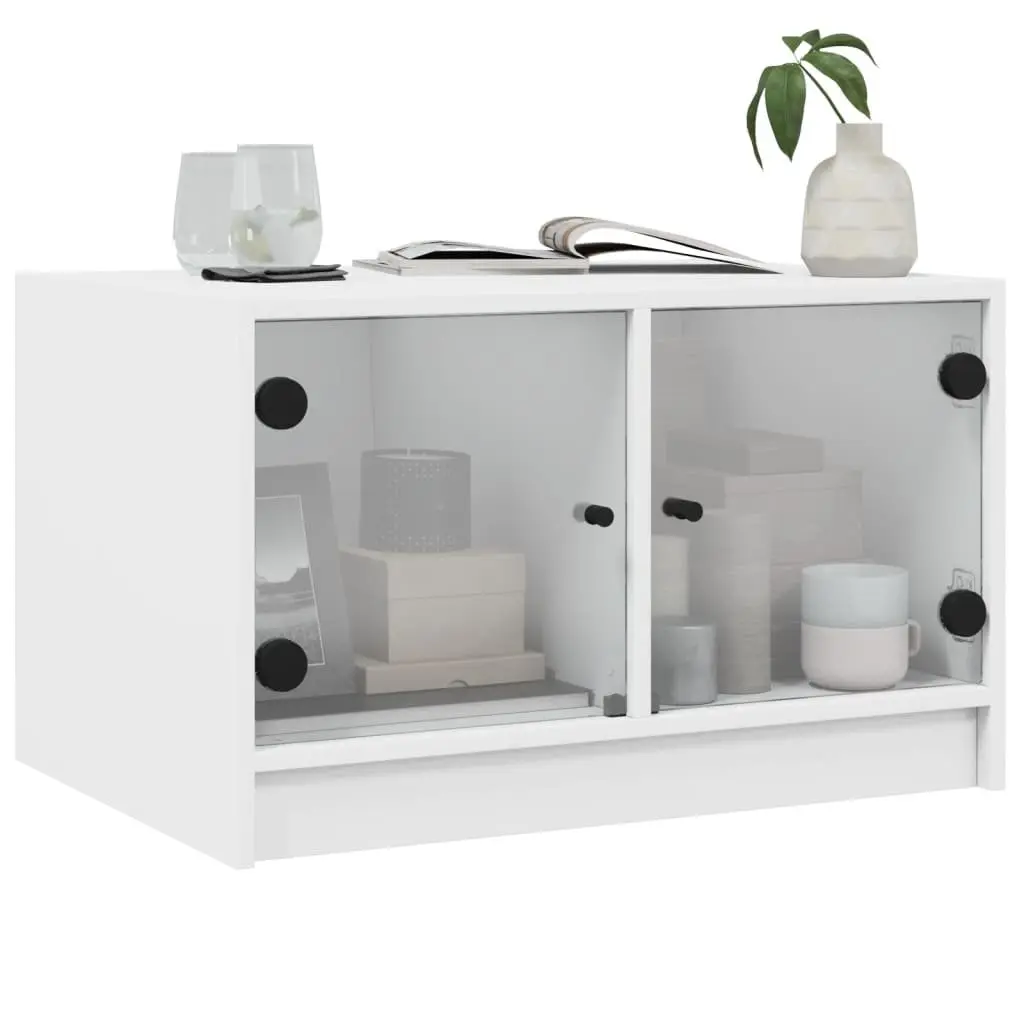 White Coffee Table with Glass Doors Storage Living Room Furniture 68x50x42cm