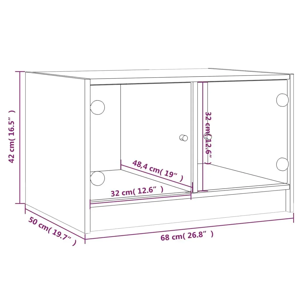 White Coffee Table with Glass Doors Storage Living Room Furniture 68x50x42cm