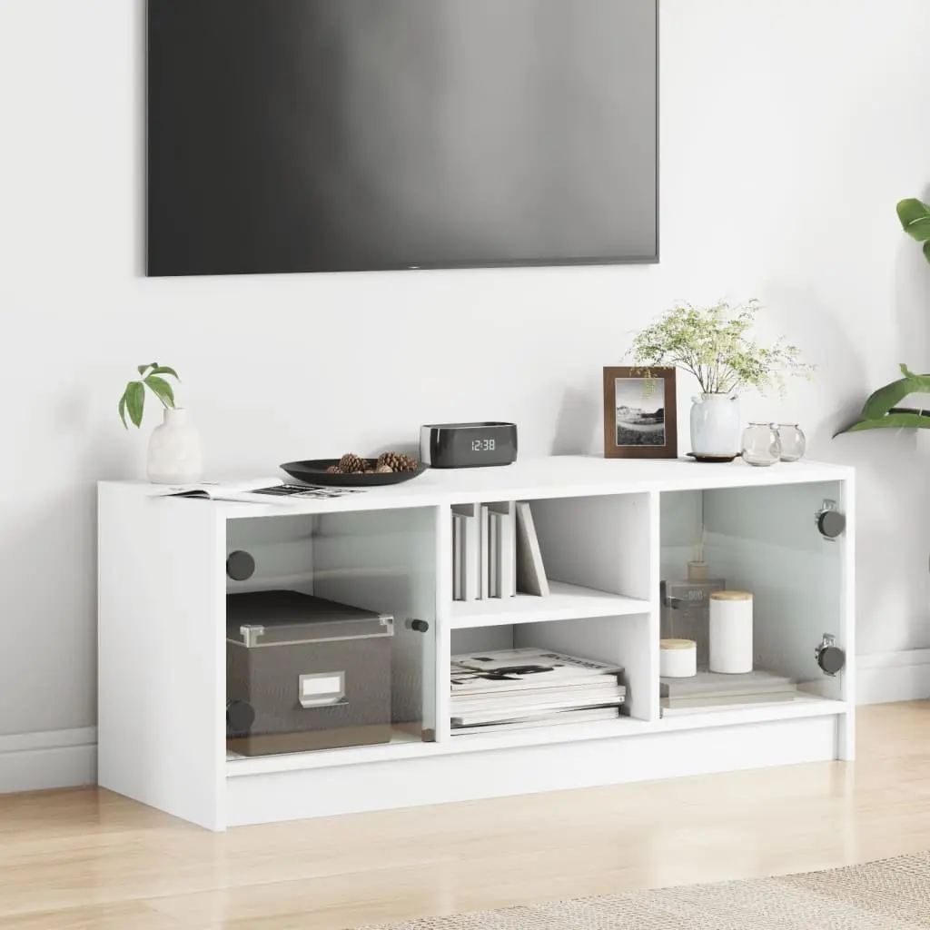 White TV Cabinet with Glass Doors Media Storage Unit 102x37x42 cm