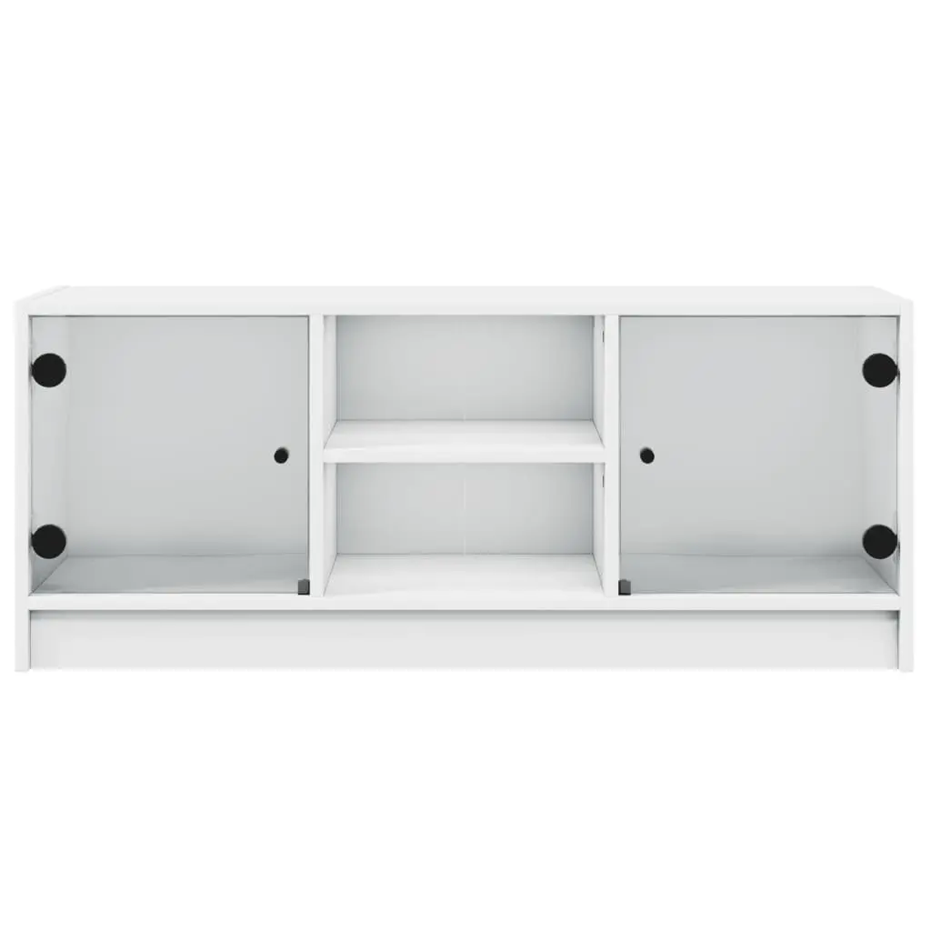 White TV Cabinet with Glass Doors Media Storage Unit 102x37x42 cm