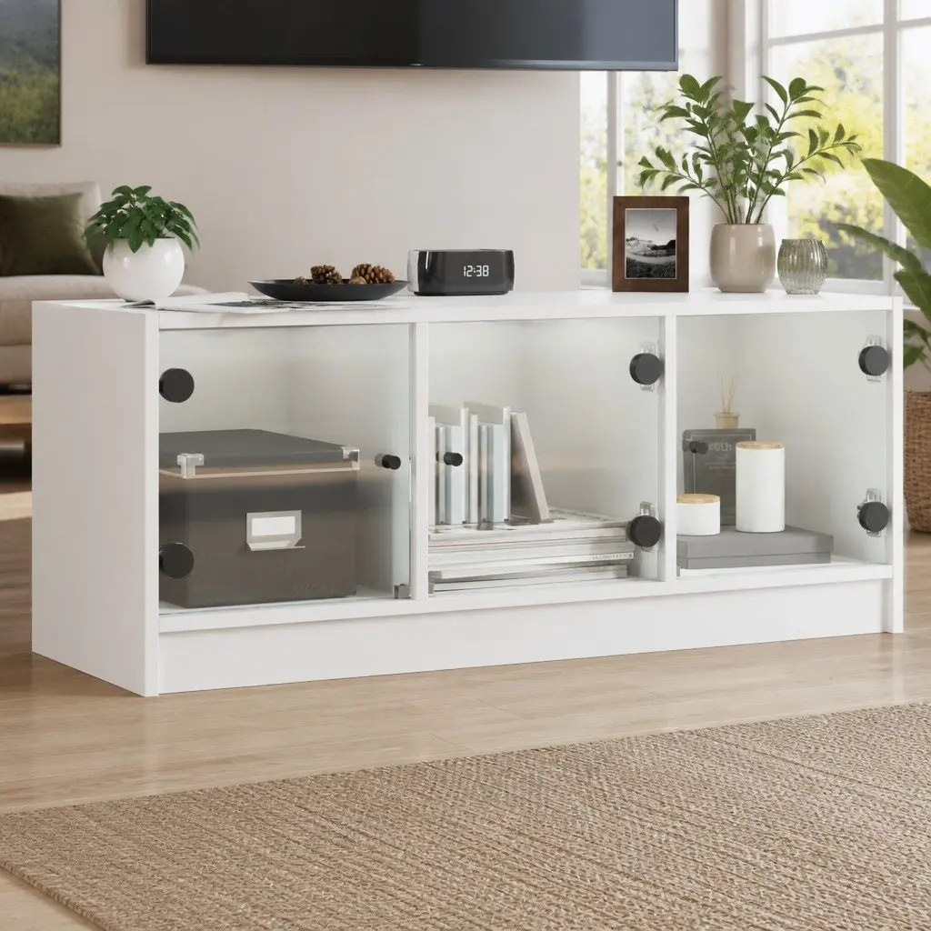 TV Cabinet Engineered Wood 102x37x42cm White with Glass Doors