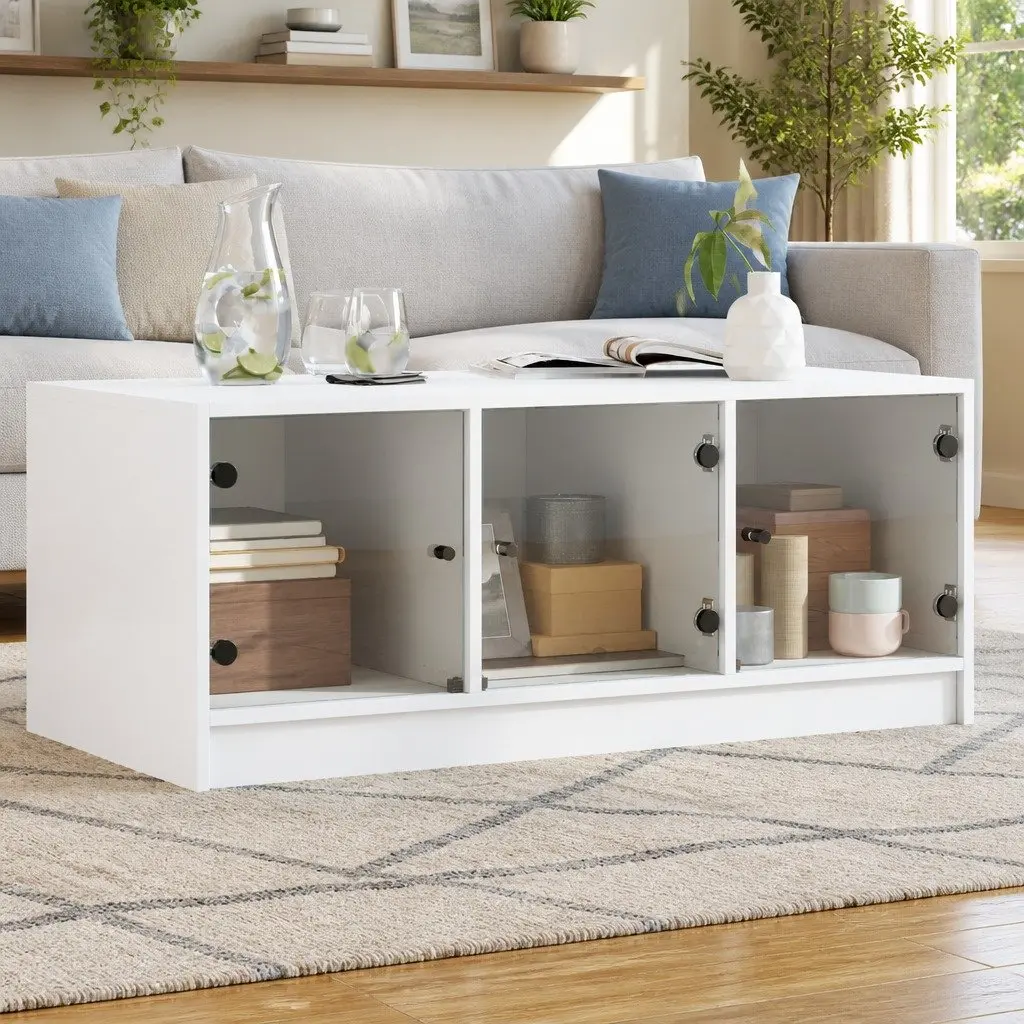 Coffee Table Engineered Wood 102cm x 50cm x 42cm White with Glass Doors Storage Display Living Room Furniture