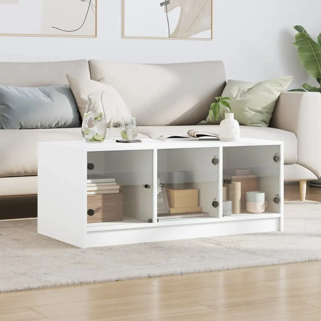 Coffee Table Engineered Wood 102cm x 50cm x 42cm White with Glass Doors Storage Display Living Room Furniture