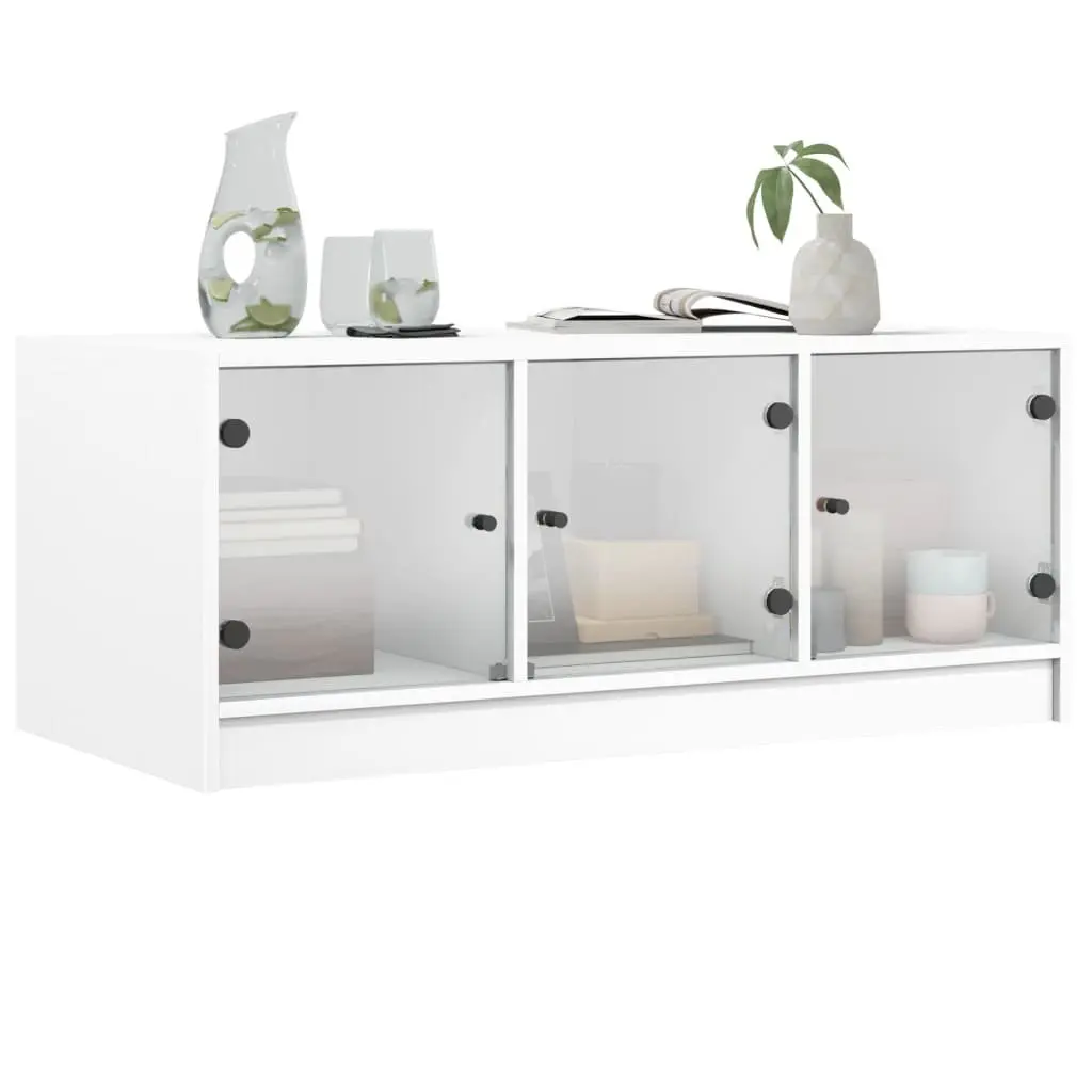 Coffee Table Engineered Wood 102cm x 50cm x 42cm White with Glass Doors Storage Display Living Room Furniture
