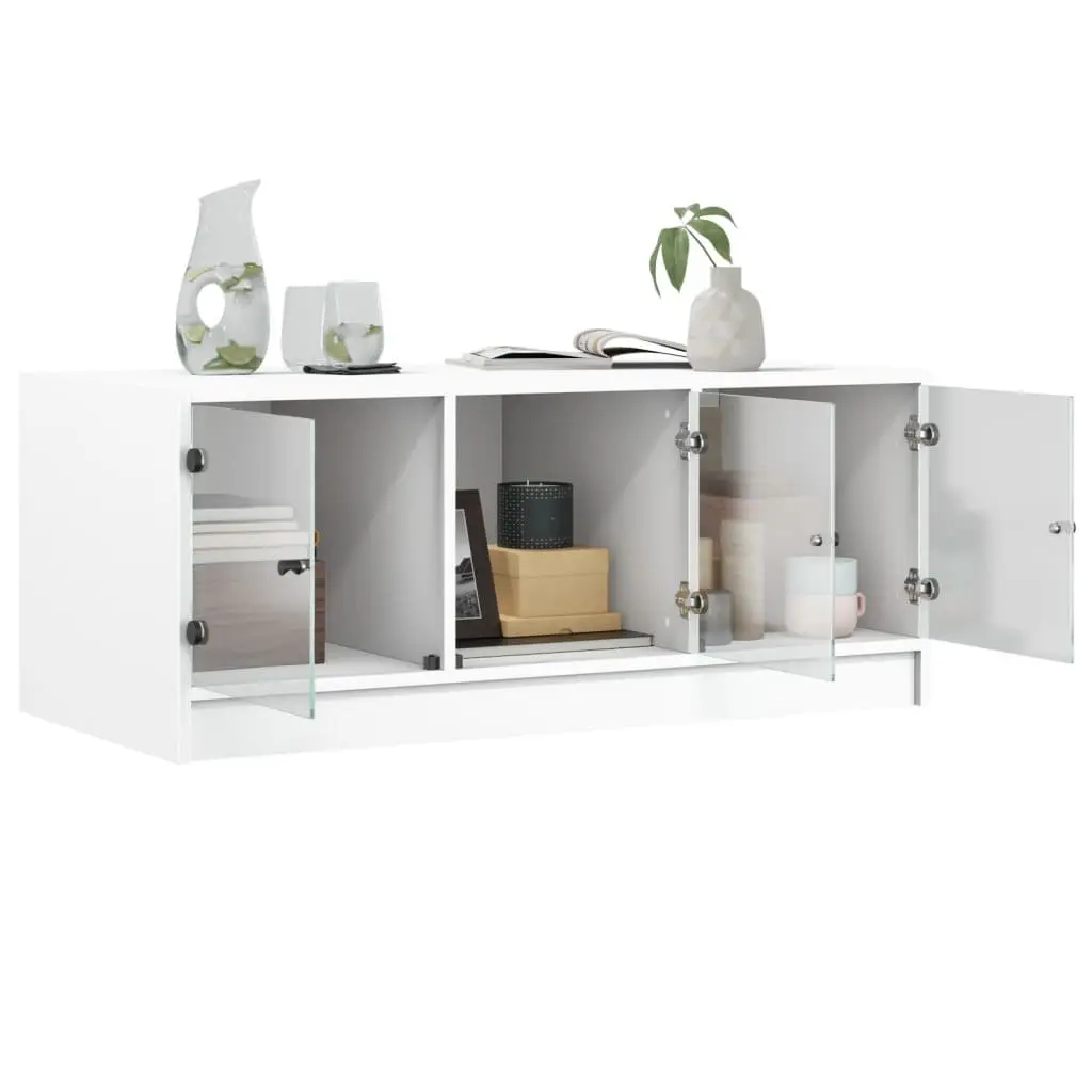 Coffee Table Engineered Wood 102cm x 50cm x 42cm White with Glass Doors Storage Display Living Room Furniture