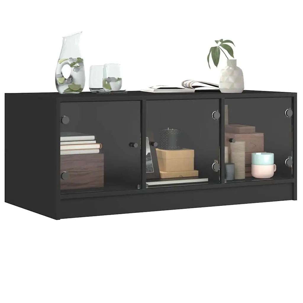 Coffee Table Modern Engineered Wood Black with Glass Doors Storage 102x50x42cm