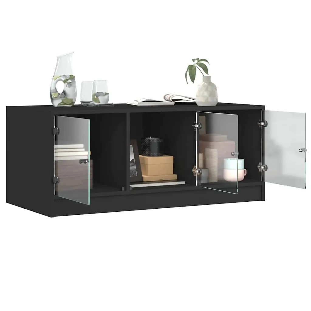 Coffee Table Modern Engineered Wood Black with Glass Doors Storage 102x50x42cm