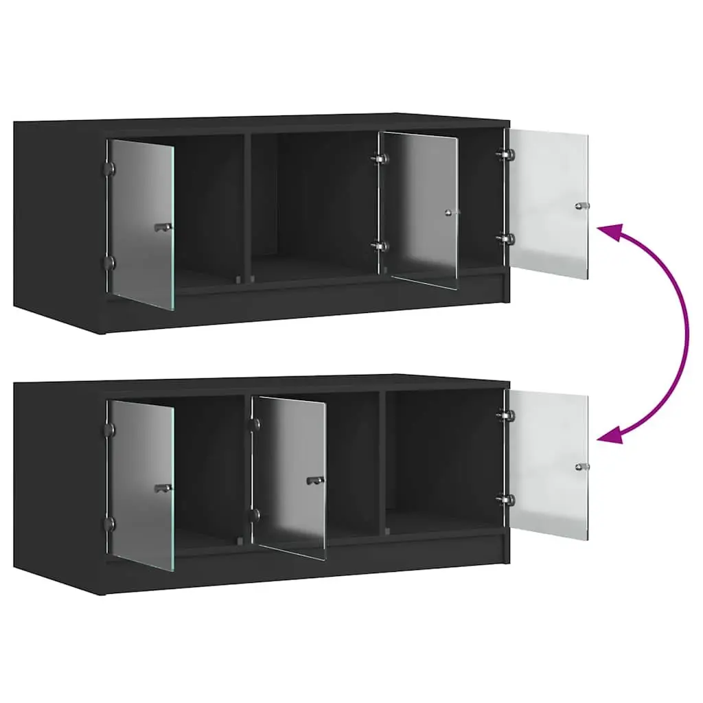 Coffee Table Modern Engineered Wood Black with Glass Doors Storage 102x50x42cm