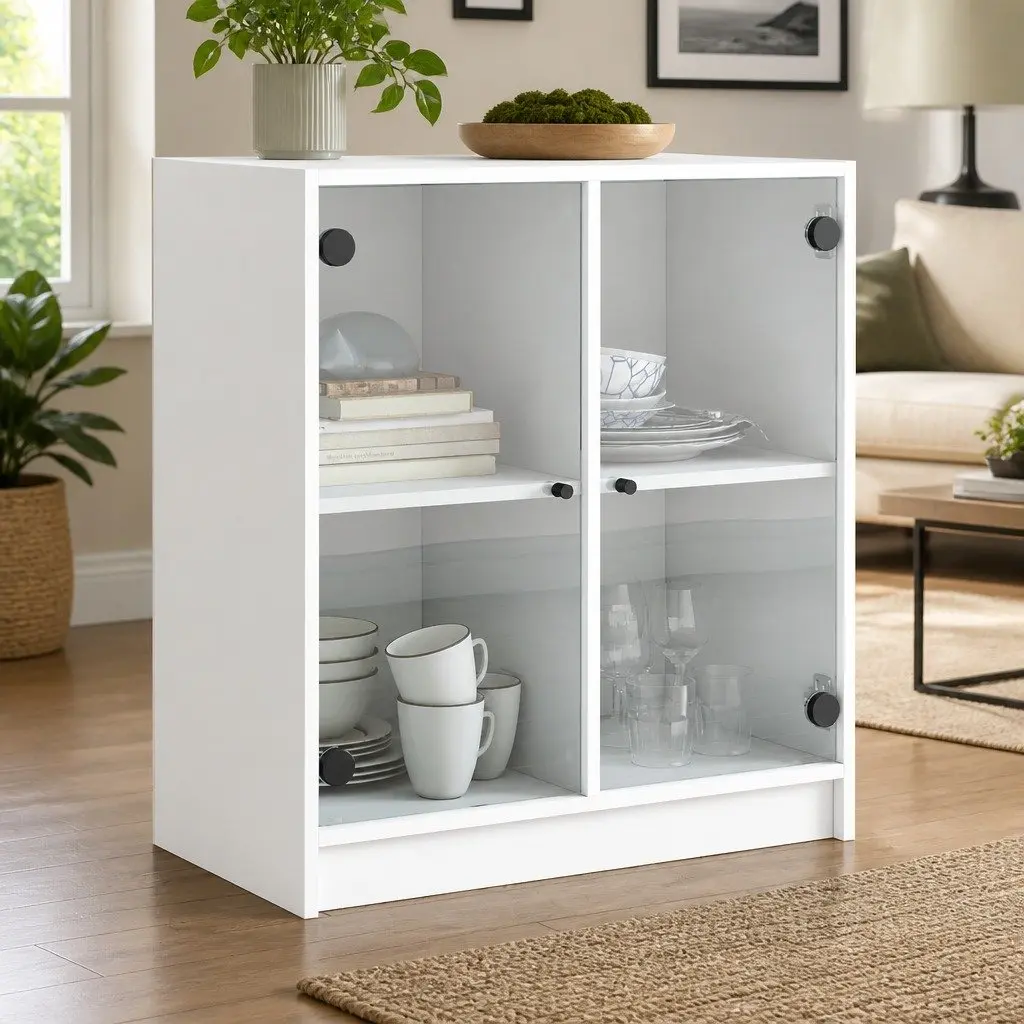 Side Cabinet Engineered Wood 68x37x75.5cm White Glass Doors