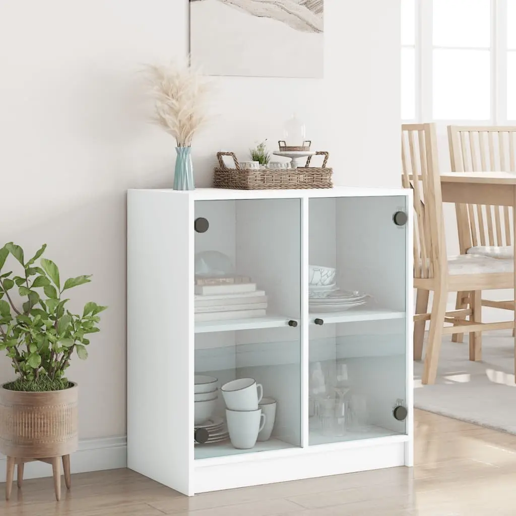 Side Cabinet Engineered Wood 68x37x75.5cm White Glass Doors