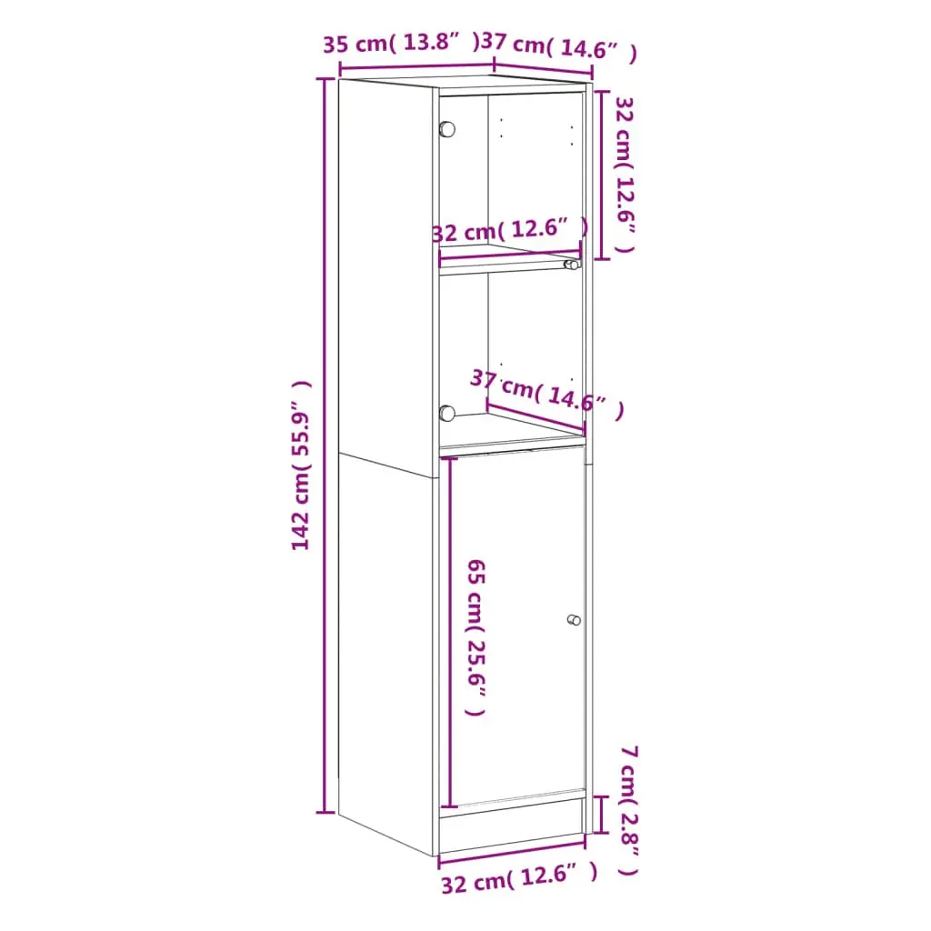 Highboard with Glass Door White Storage Cabinet Cupboard Organiser 35x37x142cm