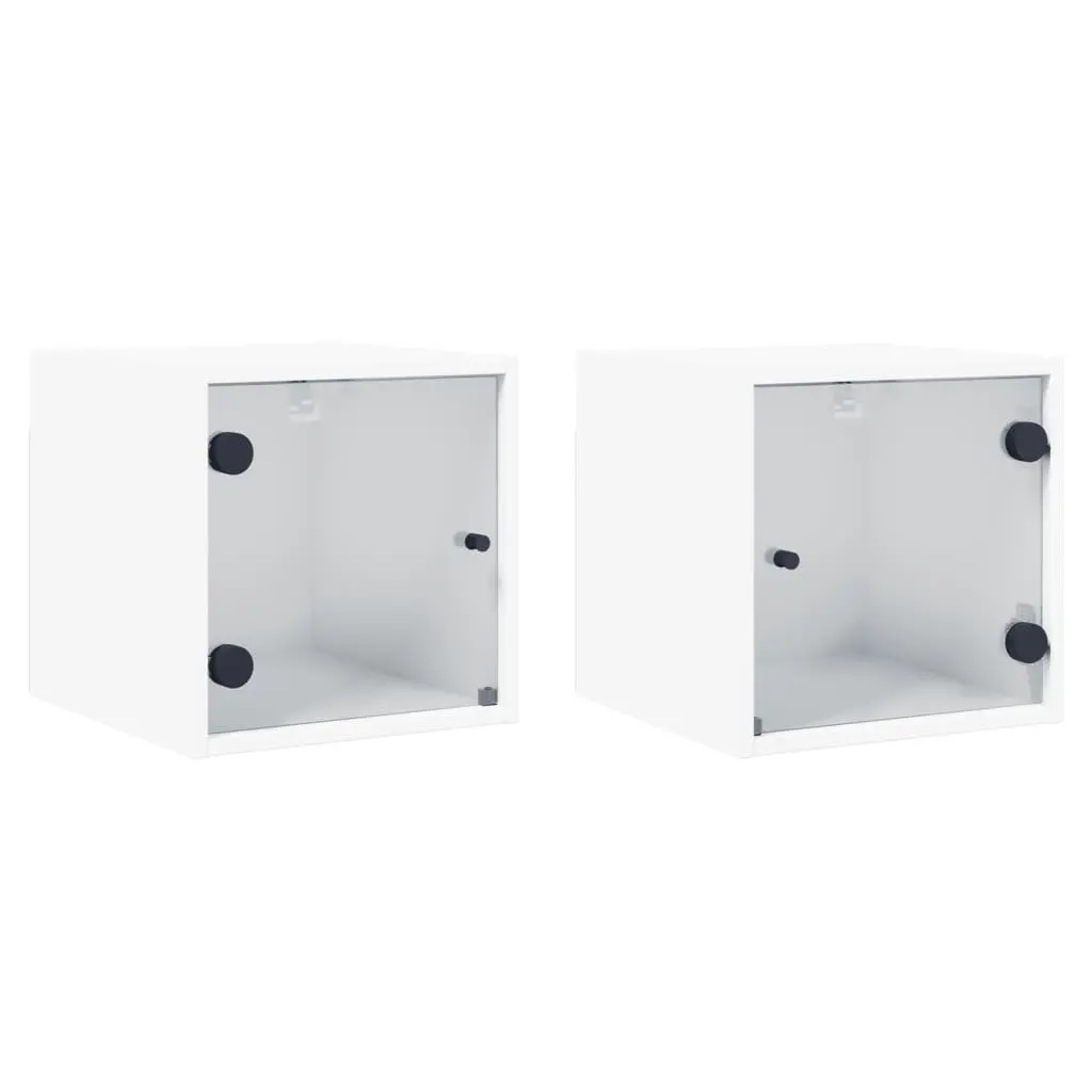 Wall-Mounted Bedside Storage Cabinet Engineered Wood White with Glass Doors 35x37x35cm 2 Piece