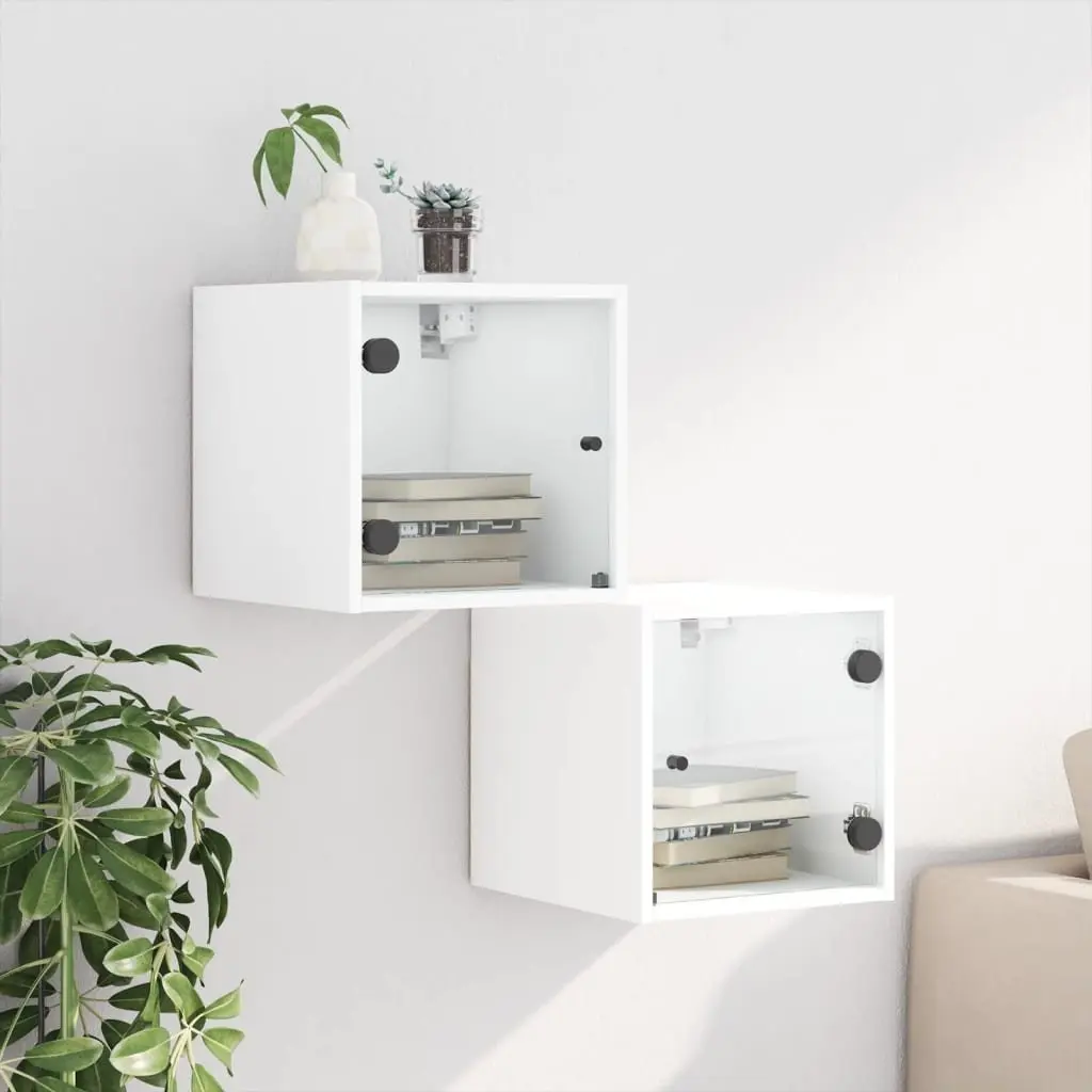 Wall-Mounted Bedside Storage Cabinet Engineered Wood White with Glass Doors 35x37x35cm 2 Piece