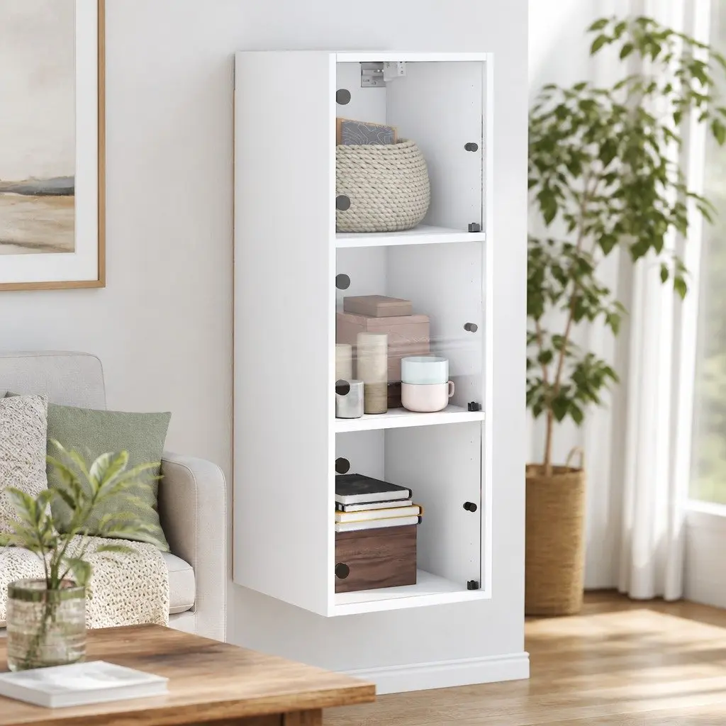 Wall Cabinet Glass Doors Engineered Wood 35x37x100cm White Storage Unit