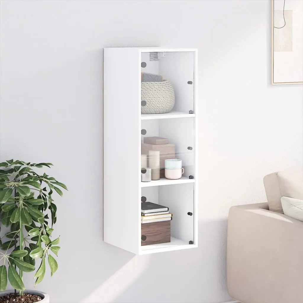 Wall Cabinet Glass Doors Engineered Wood 35x37x100cm White Storage Unit