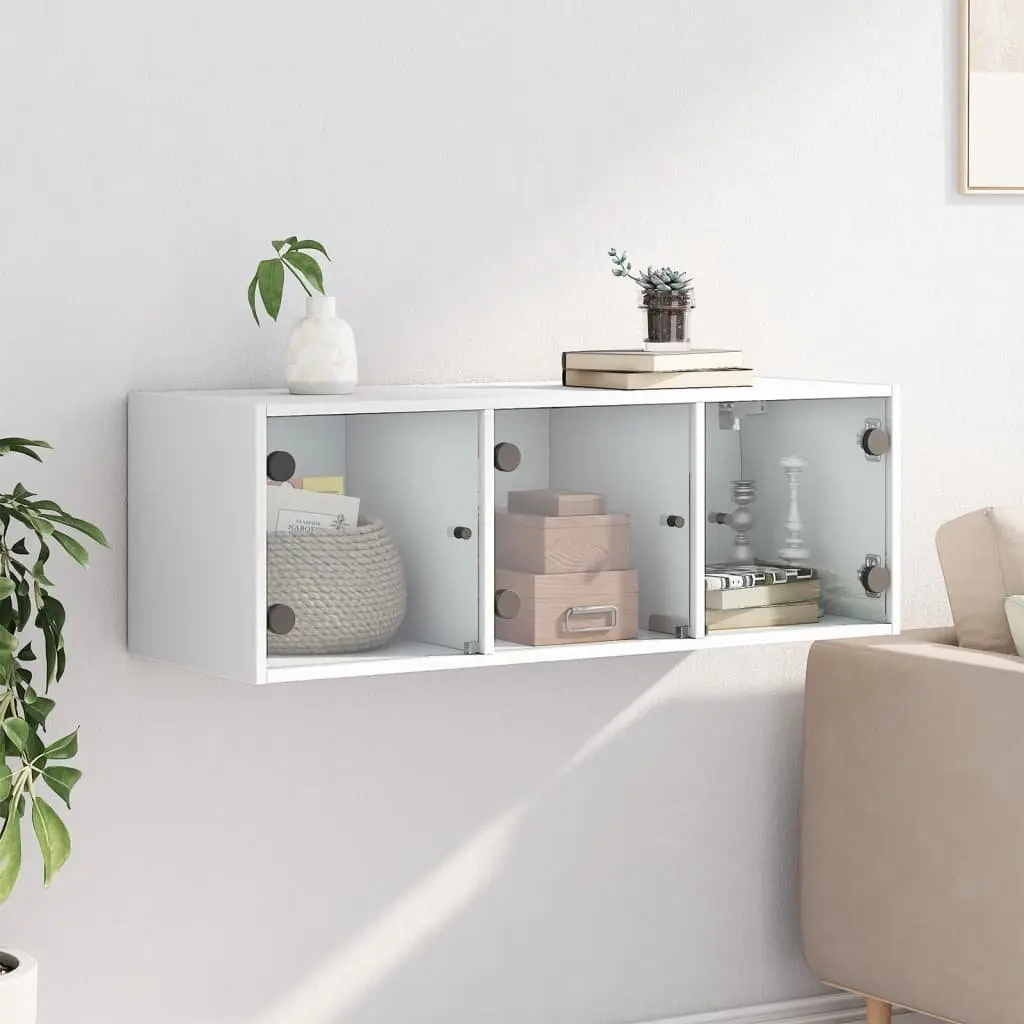 Wall Cabinet Engineered Wood 102x37x35cm White Glass Doors Wall-Mounted