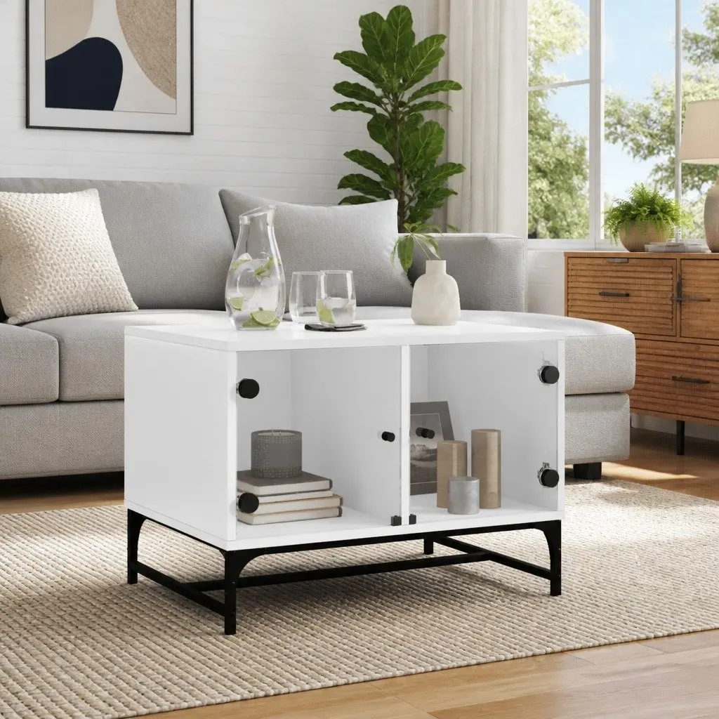 Coffee Table Engineered Wood White 68.5 x 50 x 50 cm with Glass Doors Storage Display Living Room