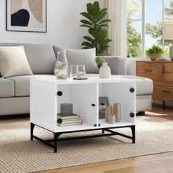 Coffee Table White Glass Doors Side Storage Display Accent Furniture Living Room