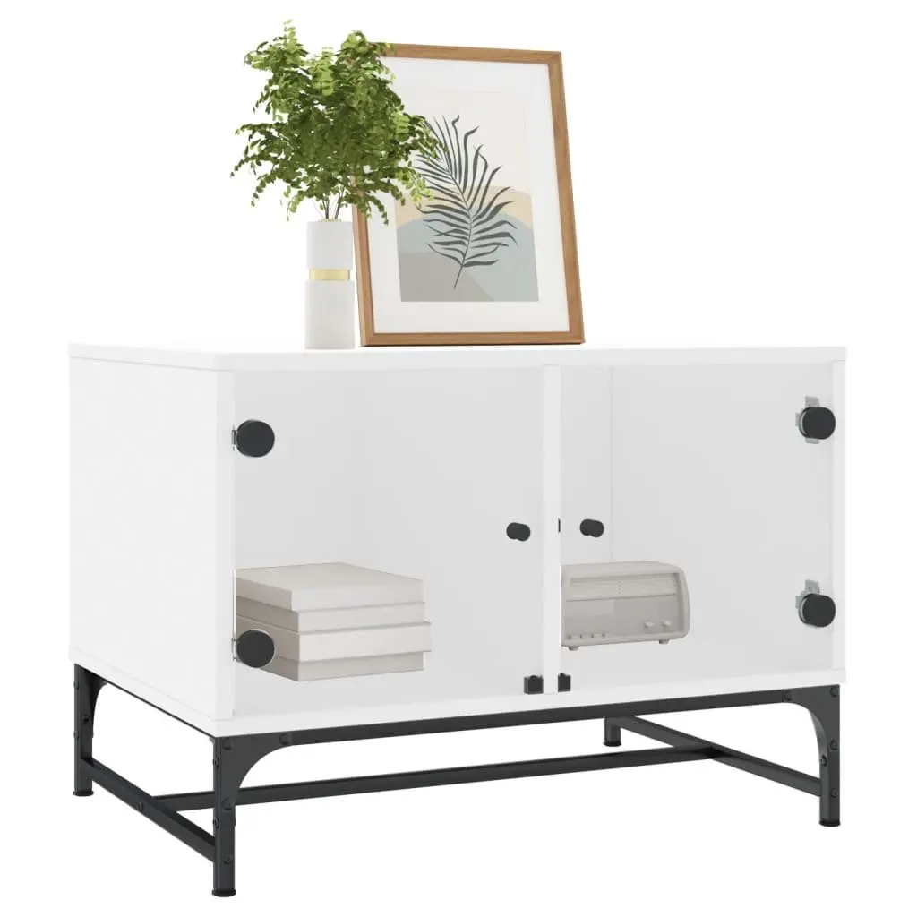 Coffee Table Engineered Wood White 68.5 x 50 x 50 cm with Glass Doors Storage Display Living Room
