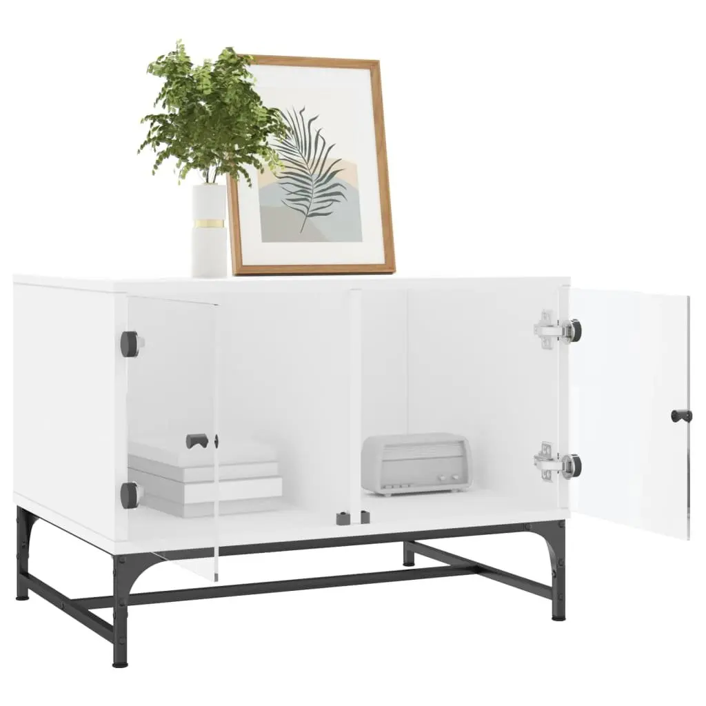 Coffee Table Engineered Wood White 68.5 x 50 x 50 cm with Glass Doors Storage Display Living Room