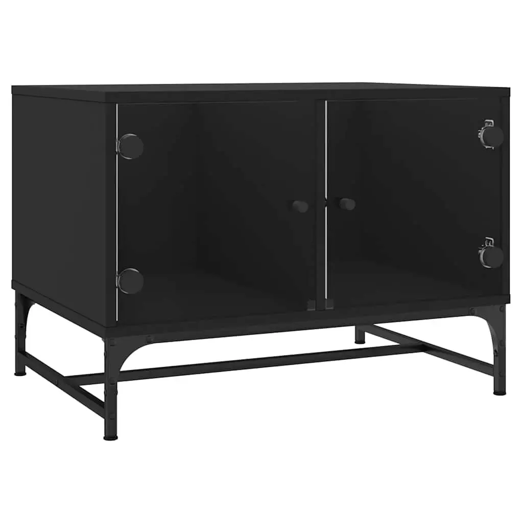 Coffee Table Engineered Wood Black with Glass Doors Storage Display 68.5 x 50 x 50 cm